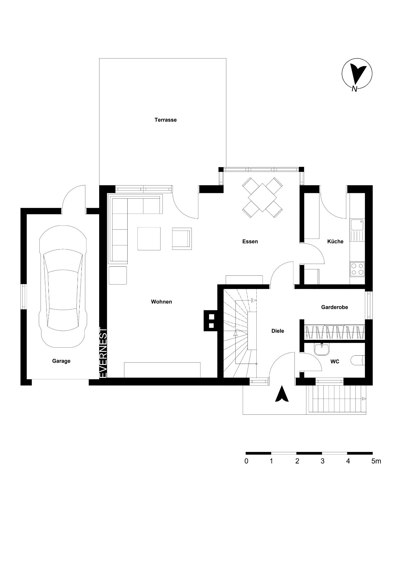 Grundriss eines Wohnhauses mit Garage, Wohnzimmer, Esszimmer, Küche, WC und Terrasse.