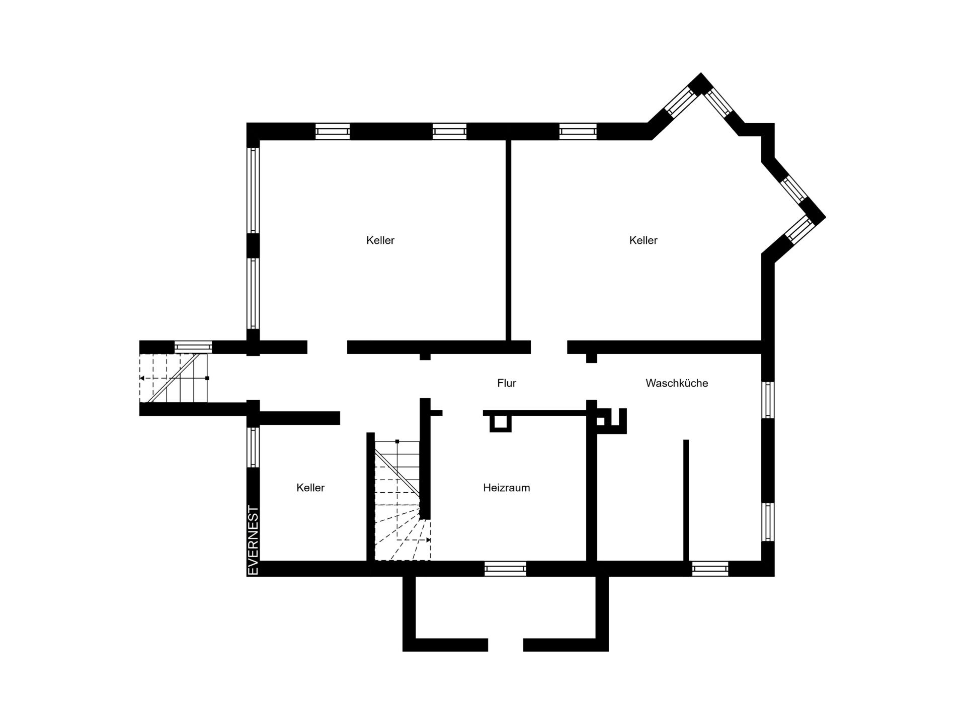 Grundriss eines Kellers mit Räumen für Keller, Heizraum, Flur und Waschküche.