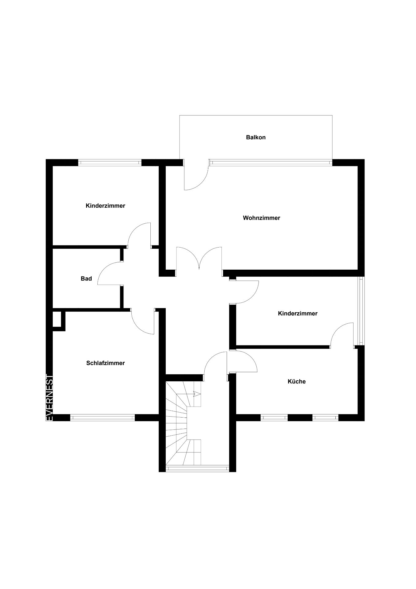 Grundriss mit Wohnzimmer, Schlafzimmer, zwei Kinderzimmern, Bad, Küche und Balkon.