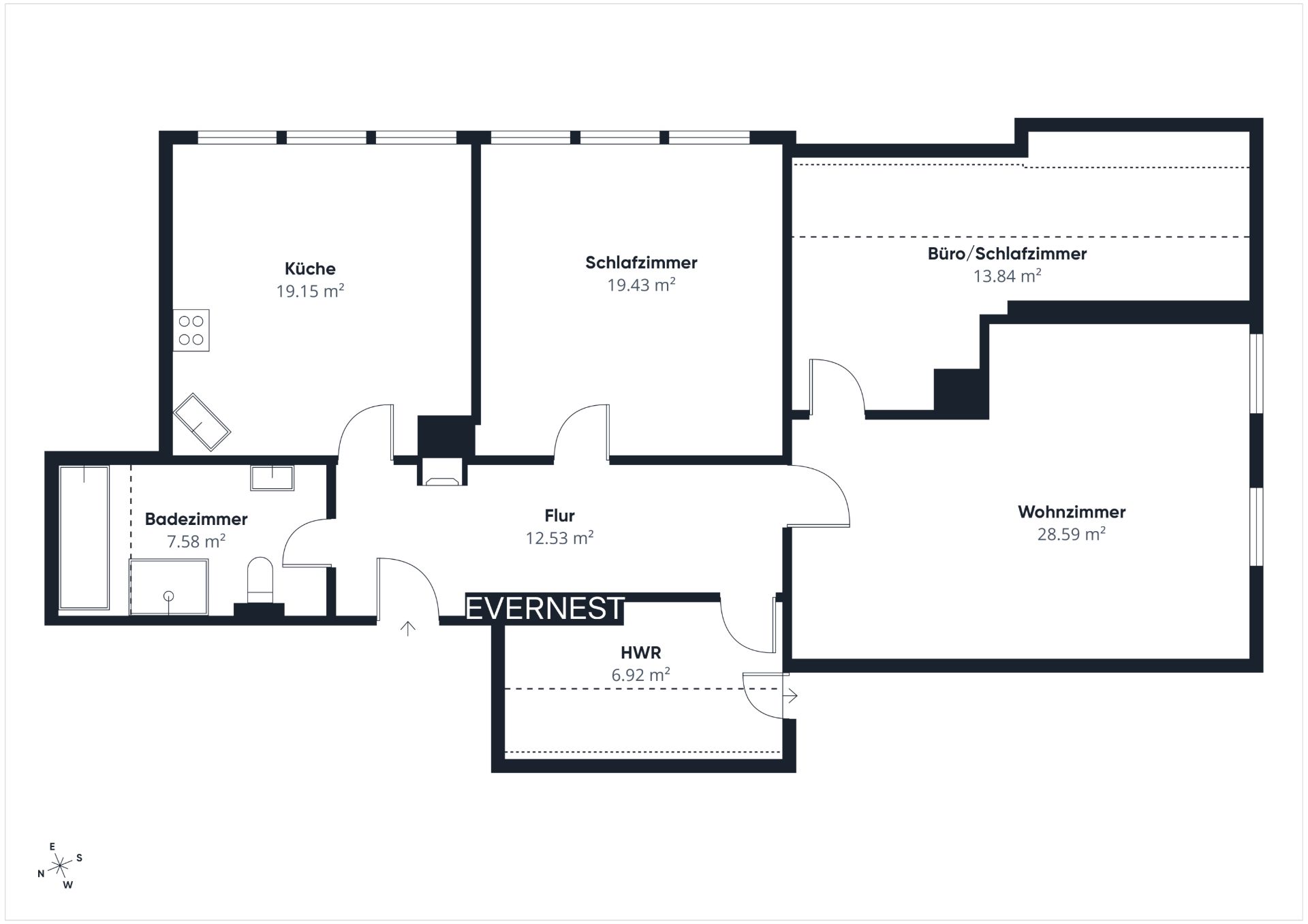 Grundriss einer Wohnung mit Wohnzimmer, Schlafzimmer, Küche, Bad, Büro und Flur.