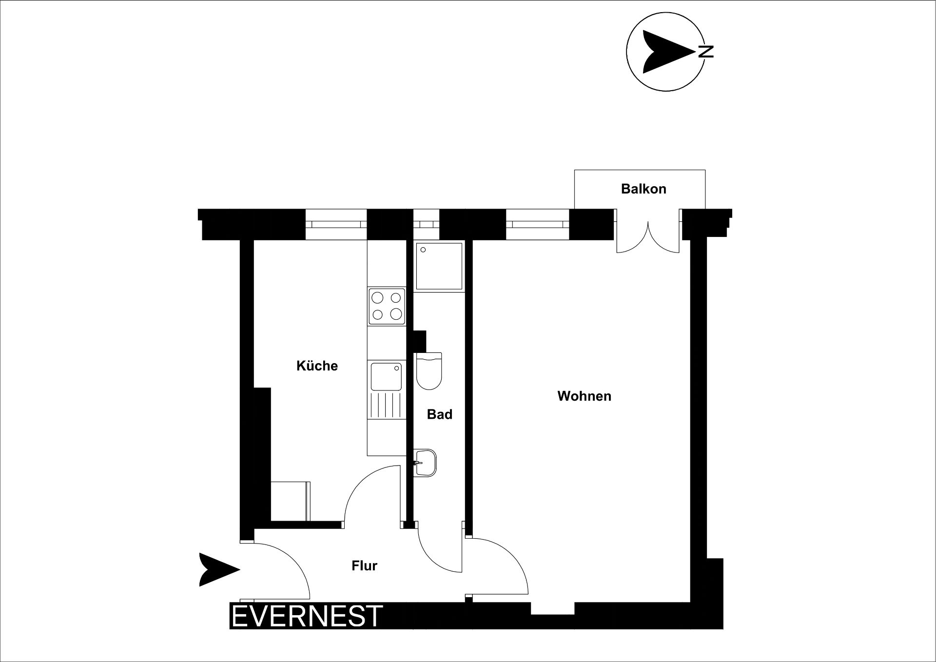 Grundriss einer Wohnung mit Küche, Bad, Wohnzimmer, Flur und Balkon.