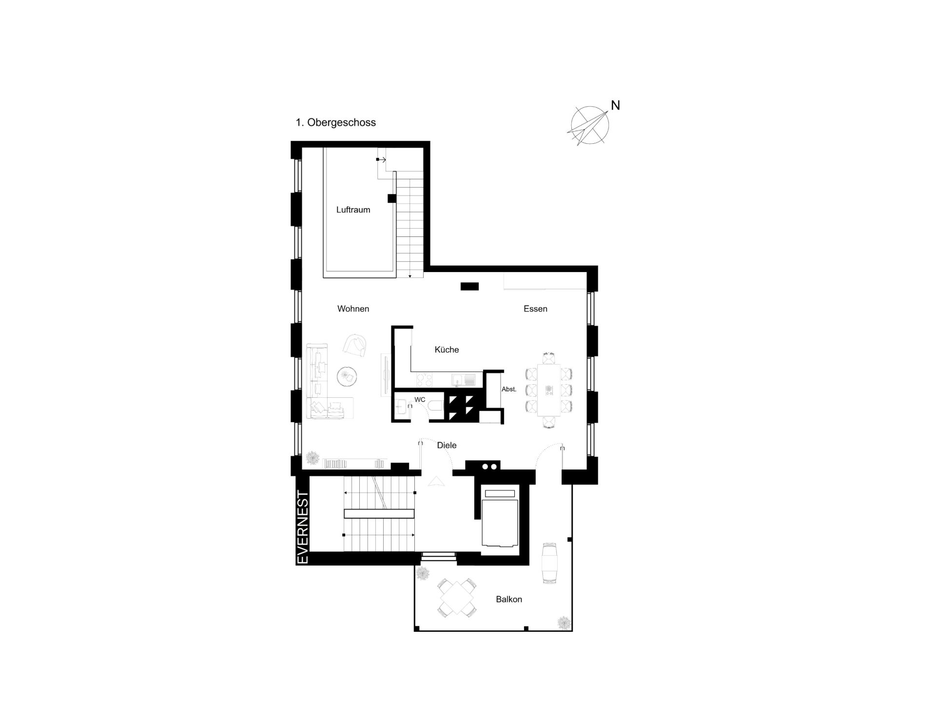 Grundriss einer Wohnung mit Wohnzimmer, Küche, Essbereich, Balkon und Treppe.