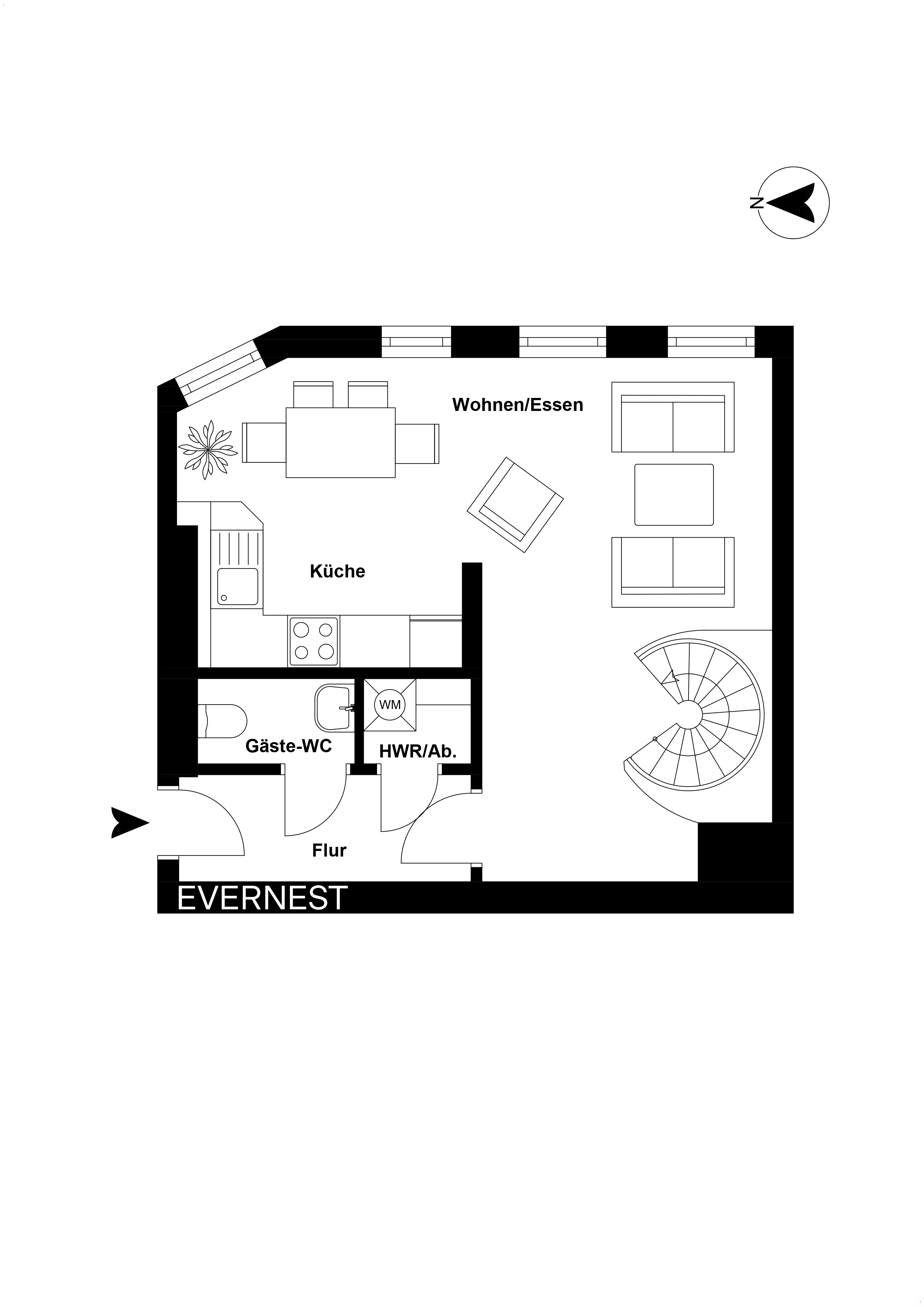 Grundriss mit Wohnzimmer, Essbereich, Küche, Gäste-WC und Wendeltreppe.