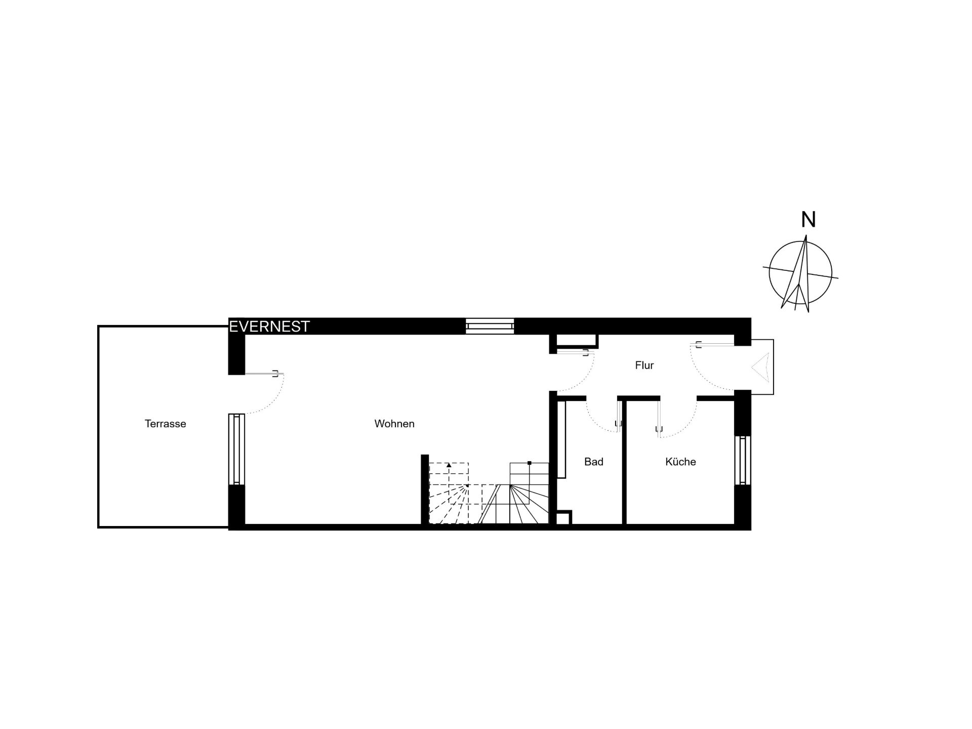 Wohnungsgrundriss mit Terrasse, Wohnzimmer, Bad, Küche, Flur und Treppe.