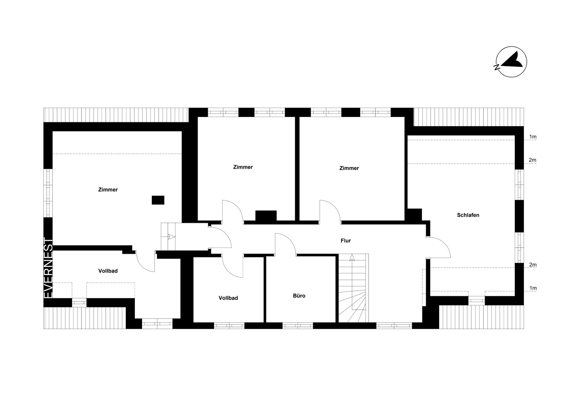 Grundriss mit drei Zimmern, Schlafzimmer, Büro, Flur und zwei Vollbädern.