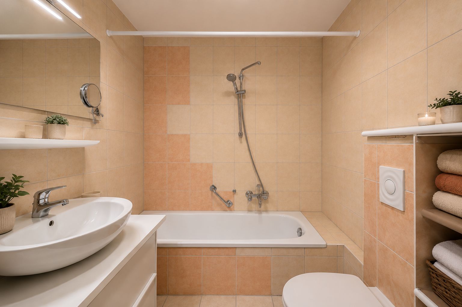 Modernes Badezimmer mit Badewanne, Waschbecken, WC und Regalen mit Handtüchern und Pflanzen.