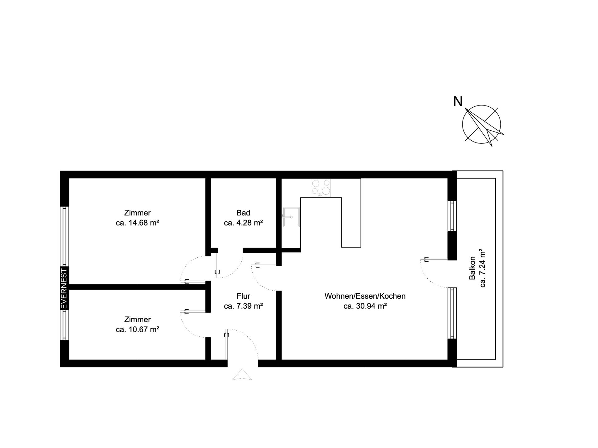 Grundriss mit zwei Zimmern, Bad, Flur, Wohnbereich mit Küche und Balkon.
