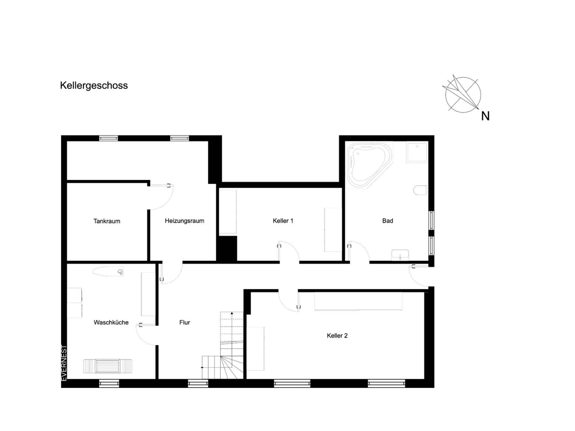 Grundriss eines Kellergeschosses mit Waschküche, Heizungsraum, zwei Kellern, Bad und Tankraum.