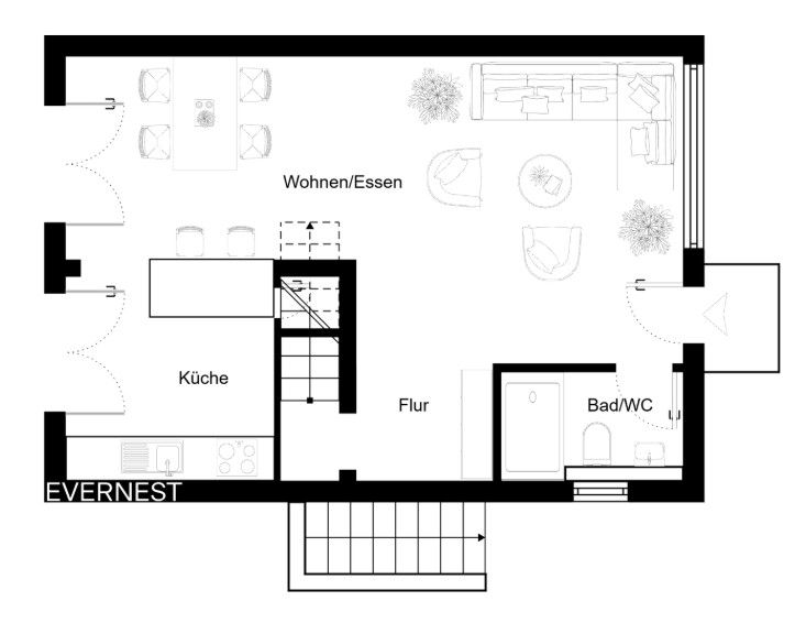 Grundriss einer Wohnung mit Küche, Wohn-/Essbereich, Flur und Bad/WC.