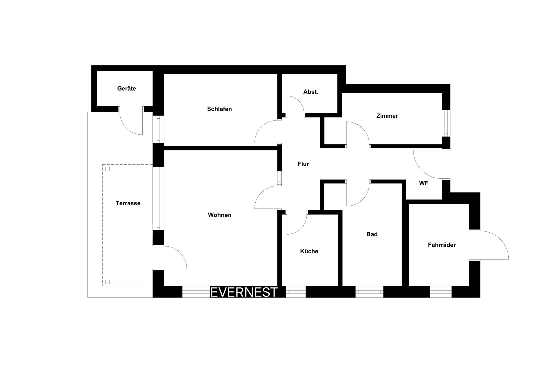 Grundriss einer Wohnung mit Terrasse, Wohnzimmer, Küche, Bad, Schlafzimmer und weiteren Zimmern.