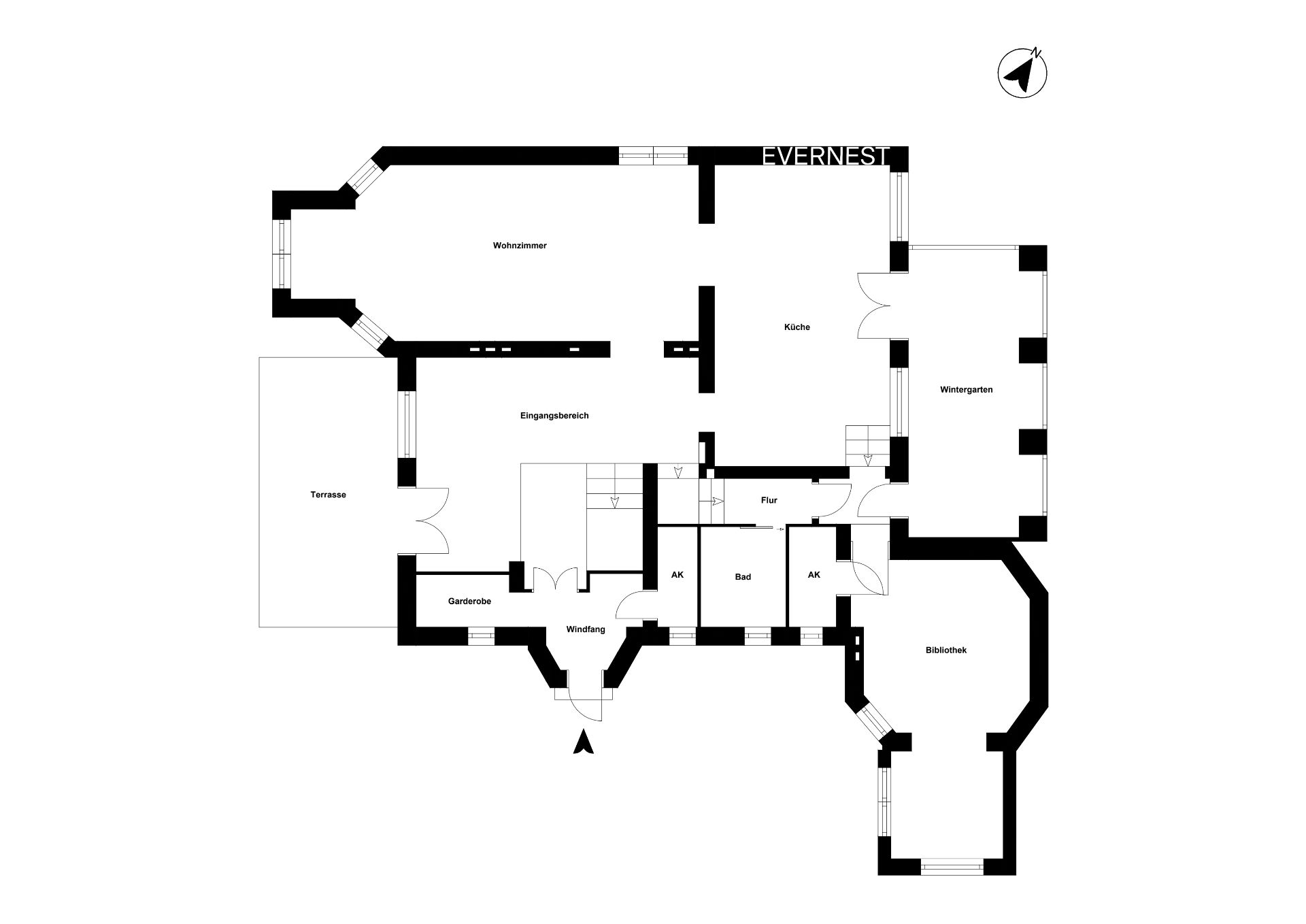 Grundriss eines Wohnhauses mit Wohnzimmer, Küche, Bibliothek und Terrasse.