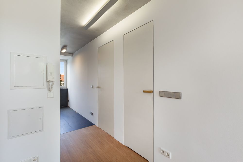 Moderner Flur mit zwei weißen Türen, Holzboden und Wandtelefon.