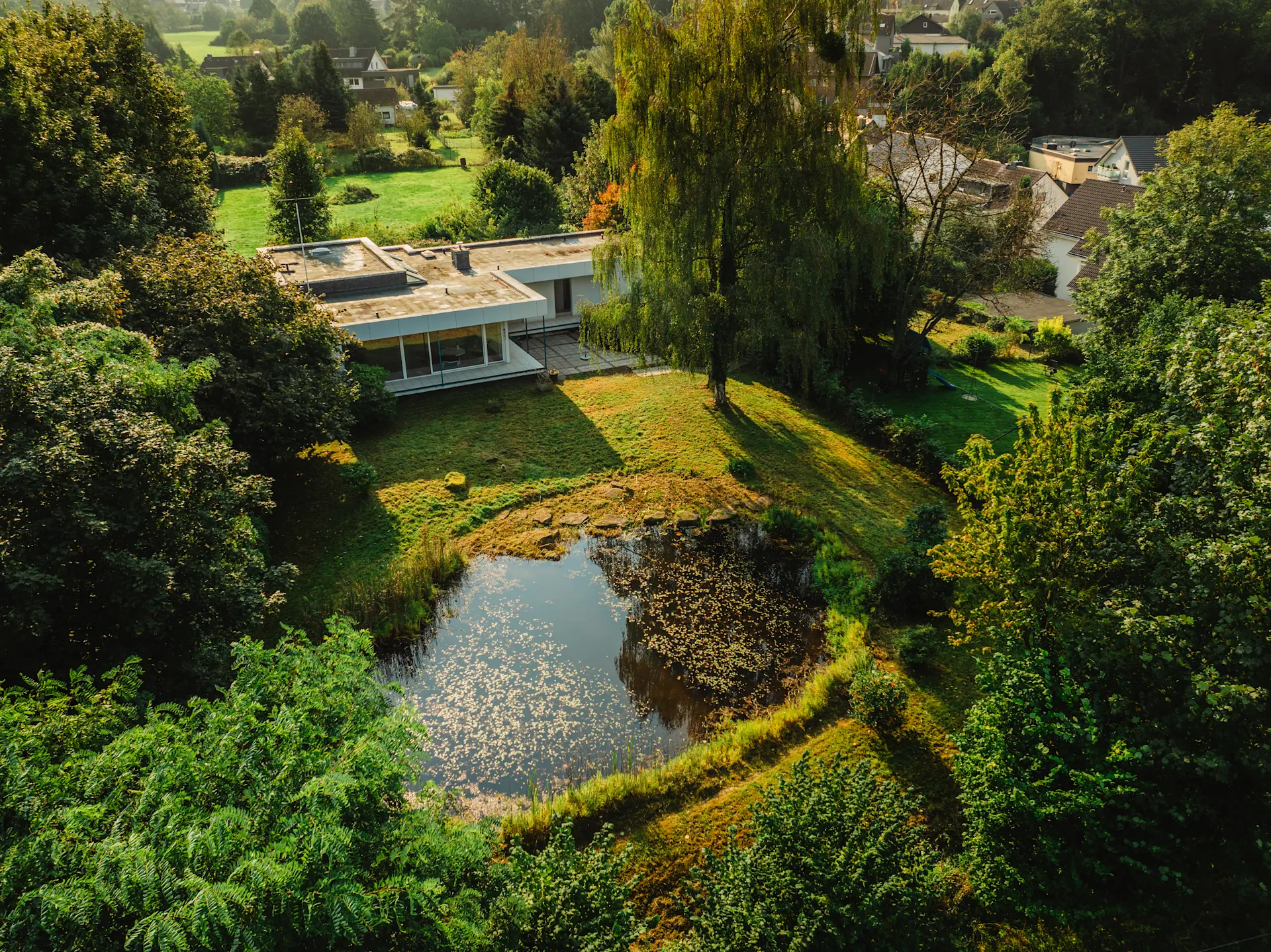 Modernes Haus mit Flachdach und großen Fenstern, Gartenteich und viel Grün drumherum.
