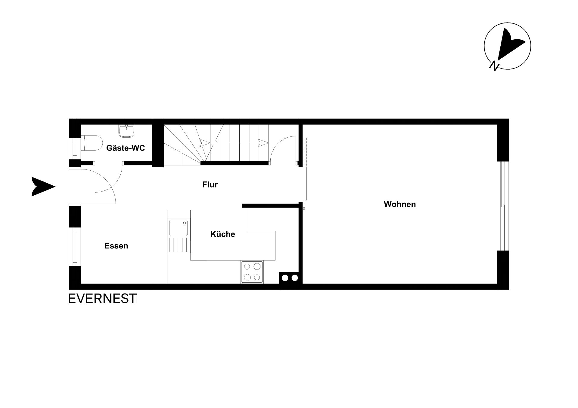 Grundriss einer Wohnung mit Küche, Wohn-, Essbereich und Gäste-WC.