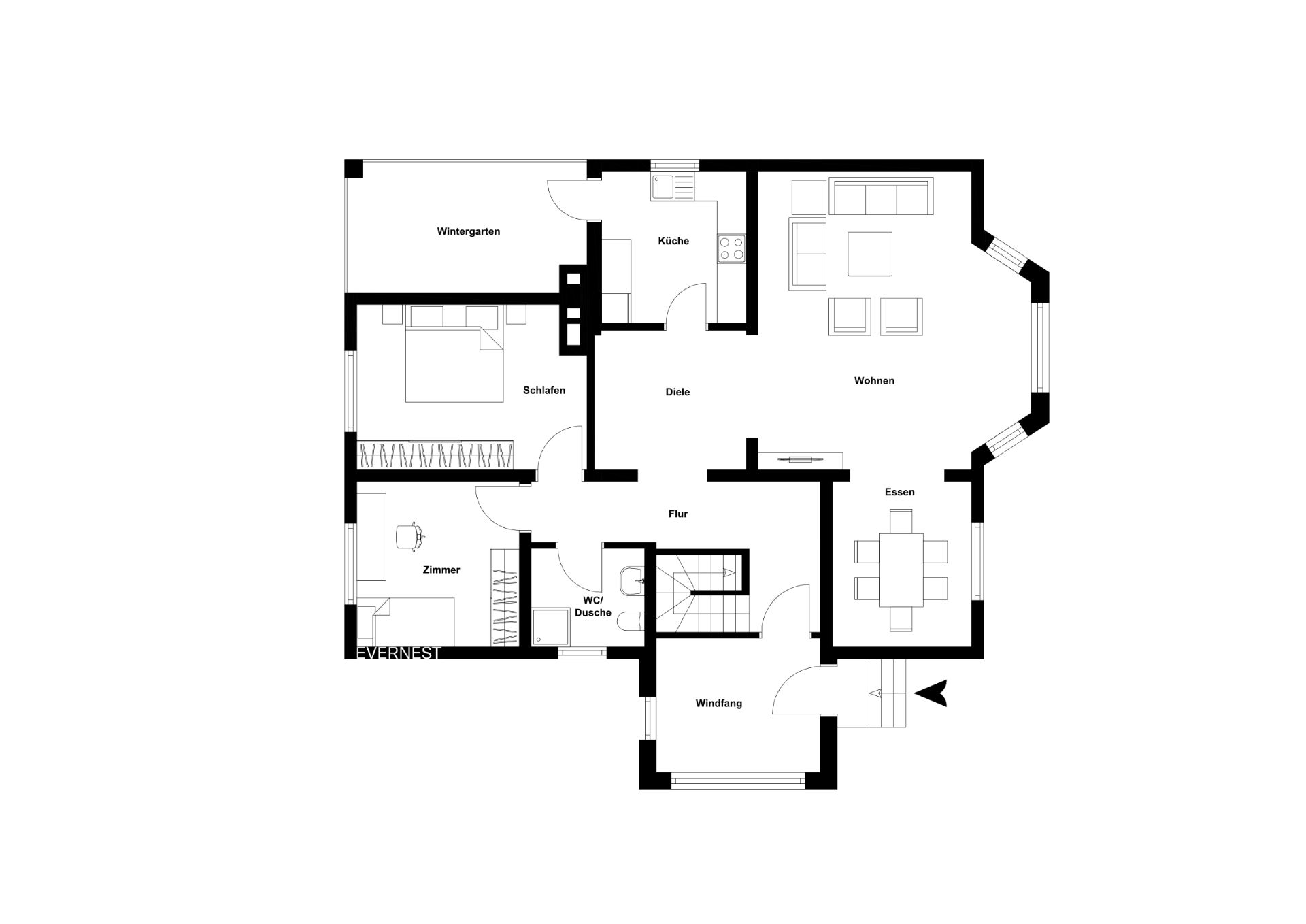 Grundriss einer Wohnung mit Schlafzimmer, Wohnzimmer, Küche, Essbereich und Wintergarten.