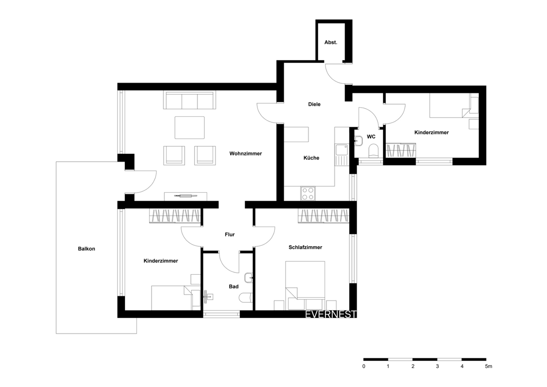 Grundriss einer Wohnung mit Wohnzimmer, Küche, Schlafzimmer, zwei Kinderzimmern, Bad und Balkon.