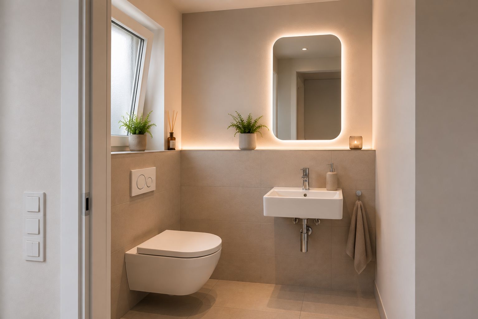 Modernes Badezimmer mit Wandtoilette, Waschbecken, beleuchtetem Spiegel und Pflanzen.