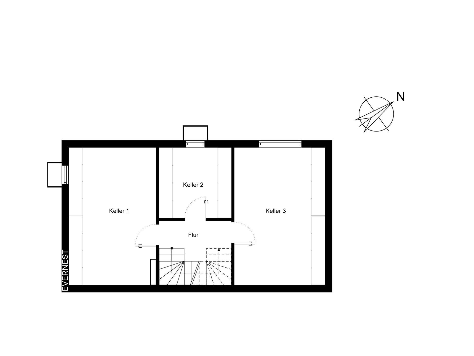 Grundriss eines Kellers mit drei Räumen und Flur, Treppe unten in der Mitte.