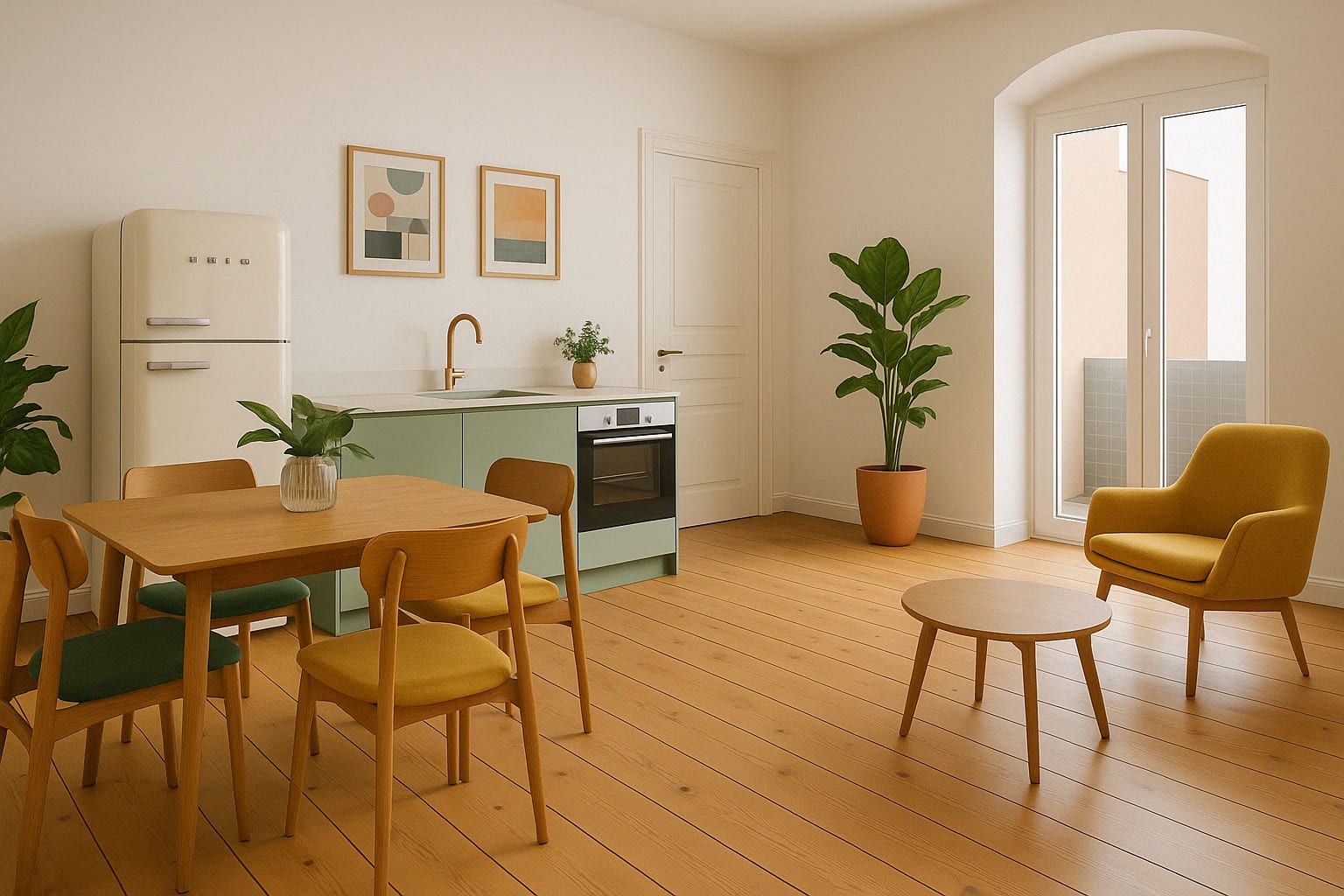 Heller Wohnraum mit Holzfußboden, Esstisch, Sessel, Küche und Zimmerpflanzen.