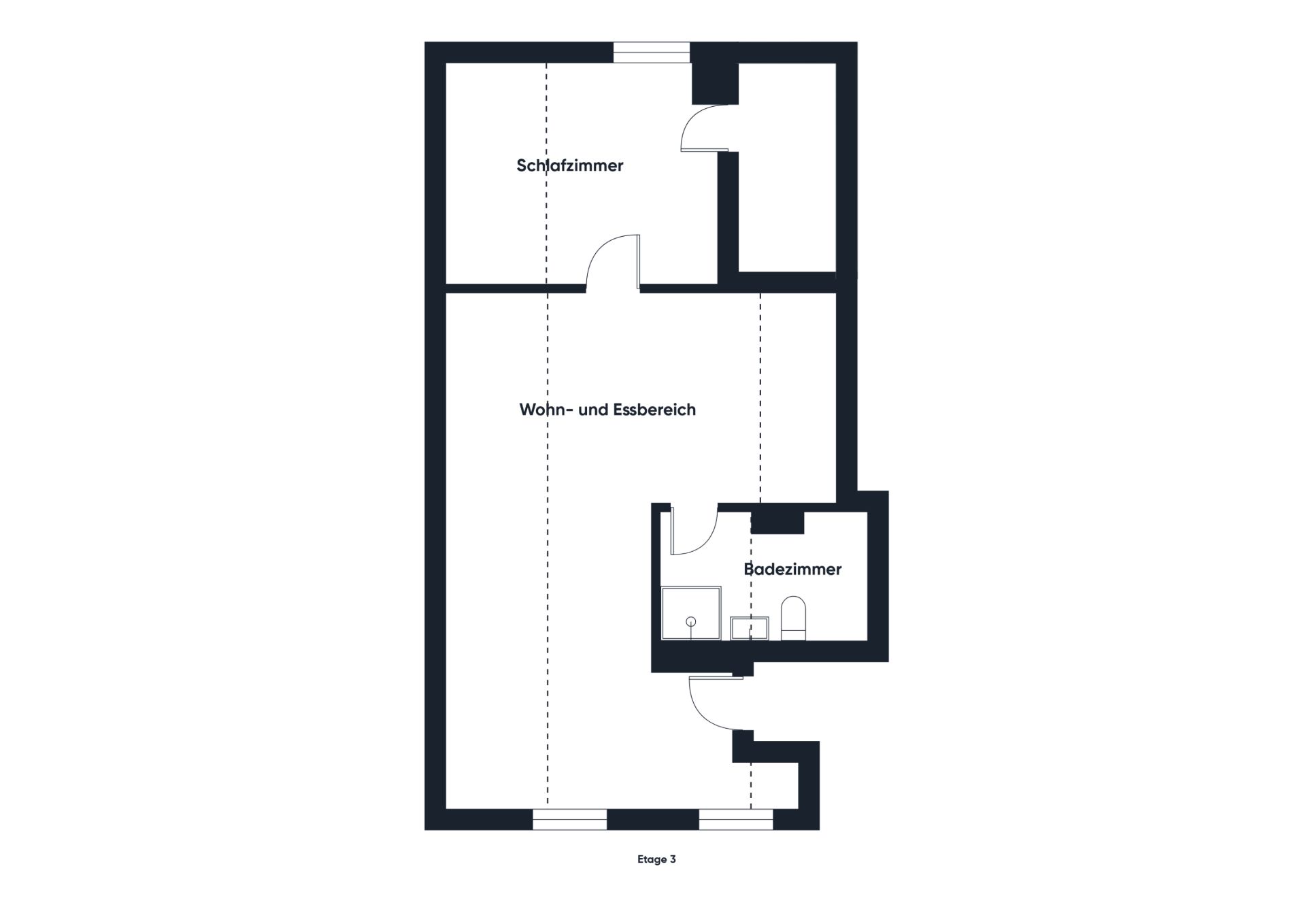Grundriss mit Schlafzimmer, Wohn- und Essbereich sowie Badezimmer.