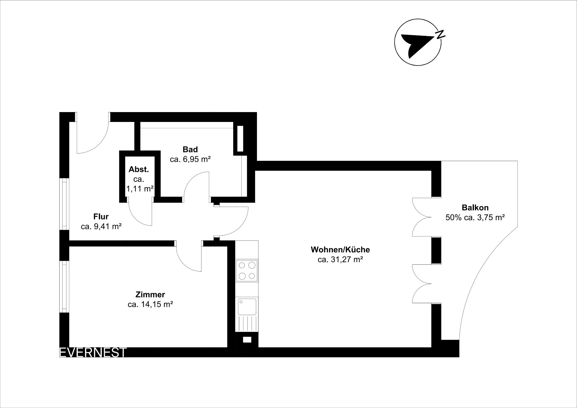 Grundriss einer Wohnung mit Zimmer, Wohnküche, Bad, Abstellraum, Flur und Balkon.