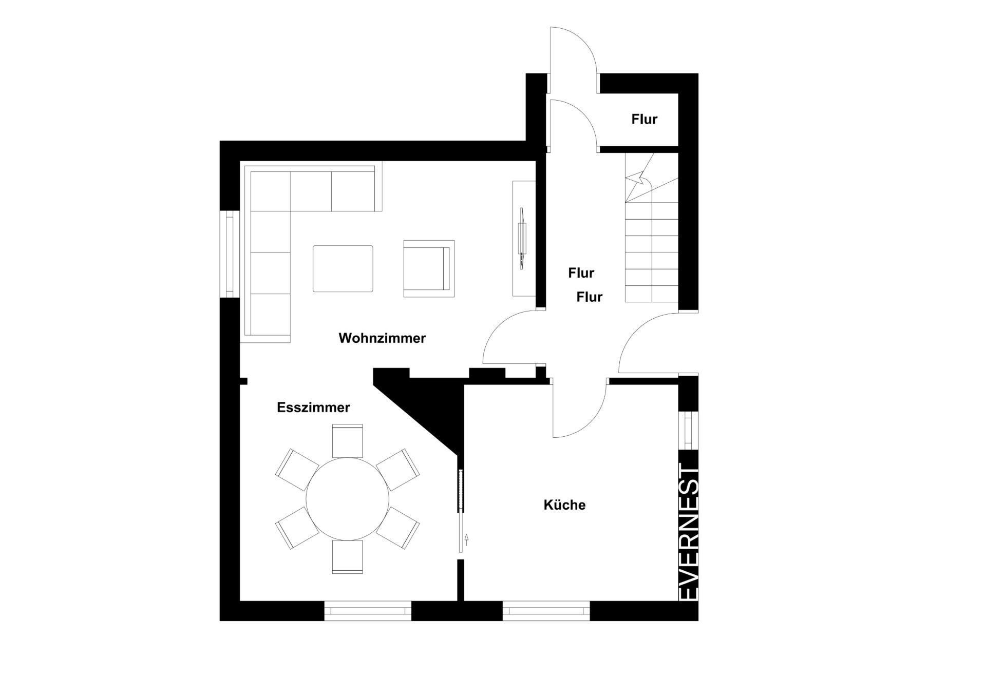 Grundriss mit Wohnzimmer, Esszimmer, Küche und Flur.