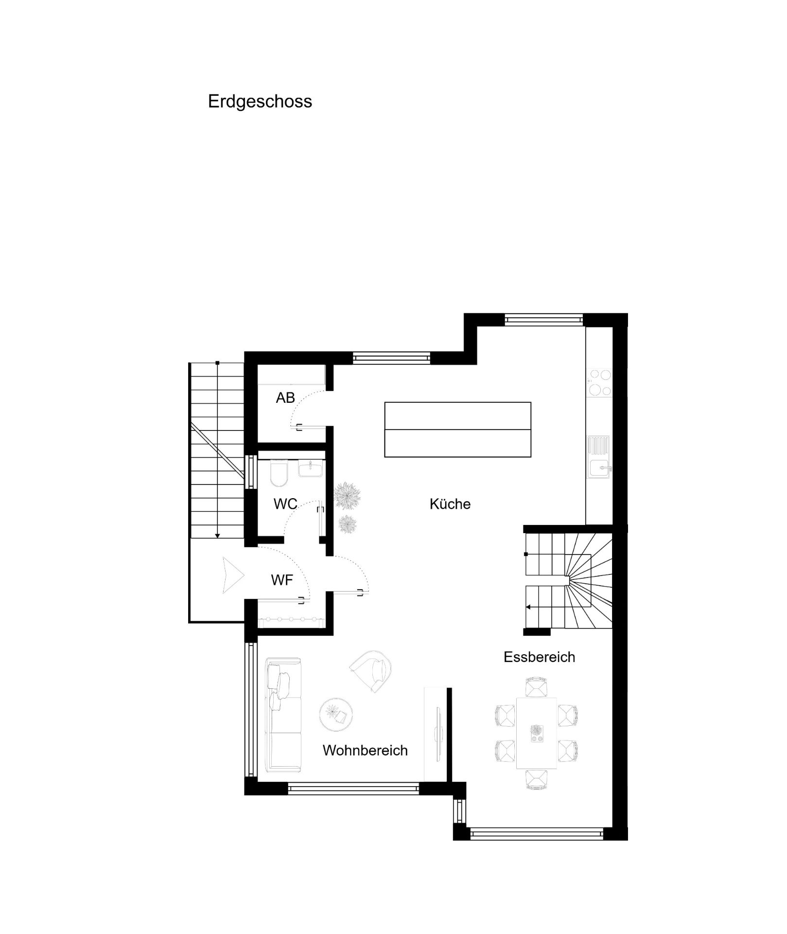Grundriss des Erdgeschosses mit Küche, Essbereich, Wohnbereich, WC und Abstellraum.