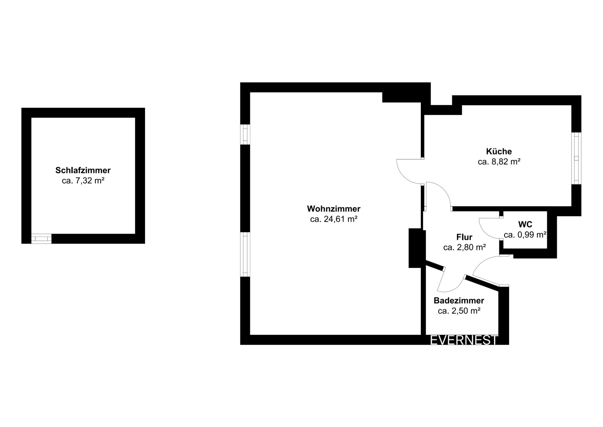 Grundriss einer Wohnung mit Wohnzimmer, Schlafzimmer, Küche, Bad, WC und Flur.