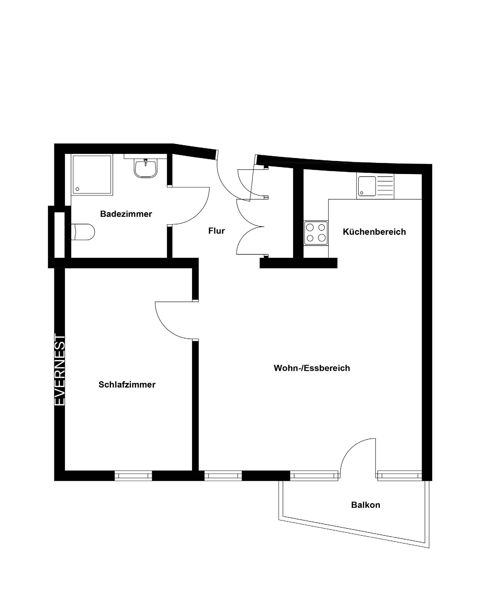 Grundriss einer Wohnung mit Schlafzimmer, Bad, Küche, Wohn-/Essbereich, Flur und Balkon.