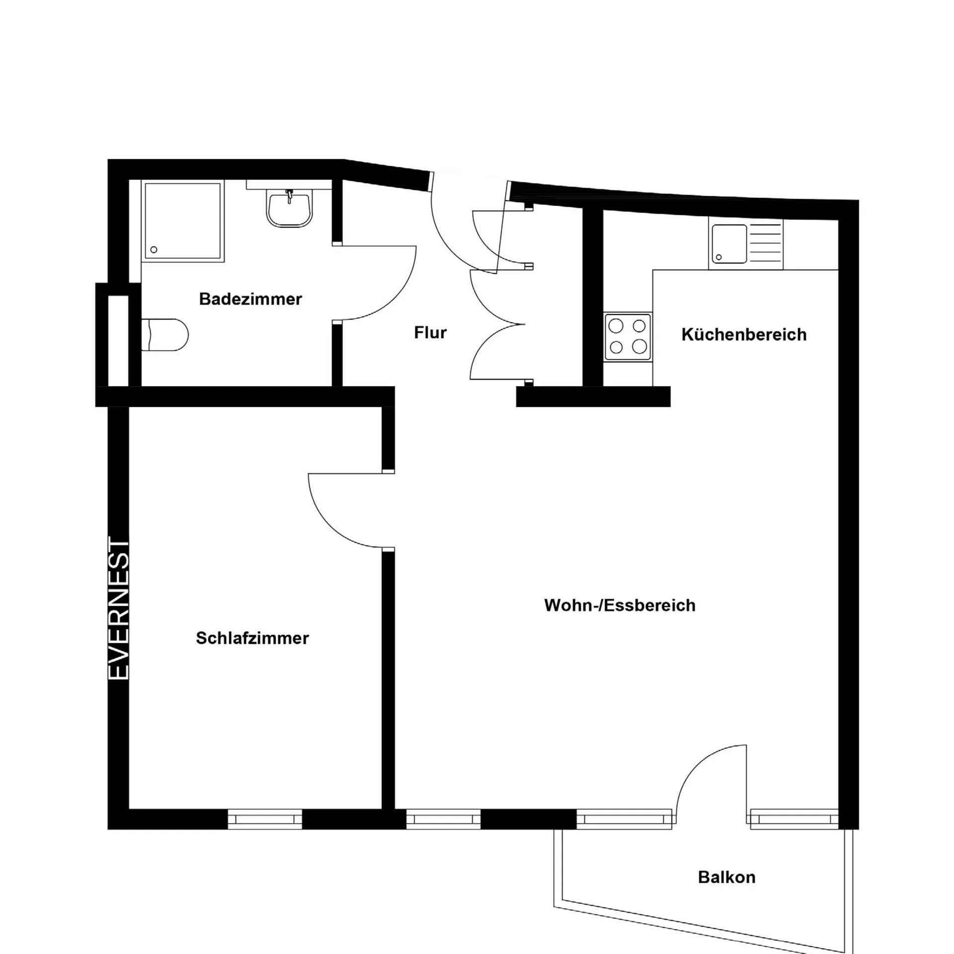Grundriss einer Wohnung mit Schlafzimmer, Bad, Küche, Wohn-/Essbereich, Flur und Balkon.