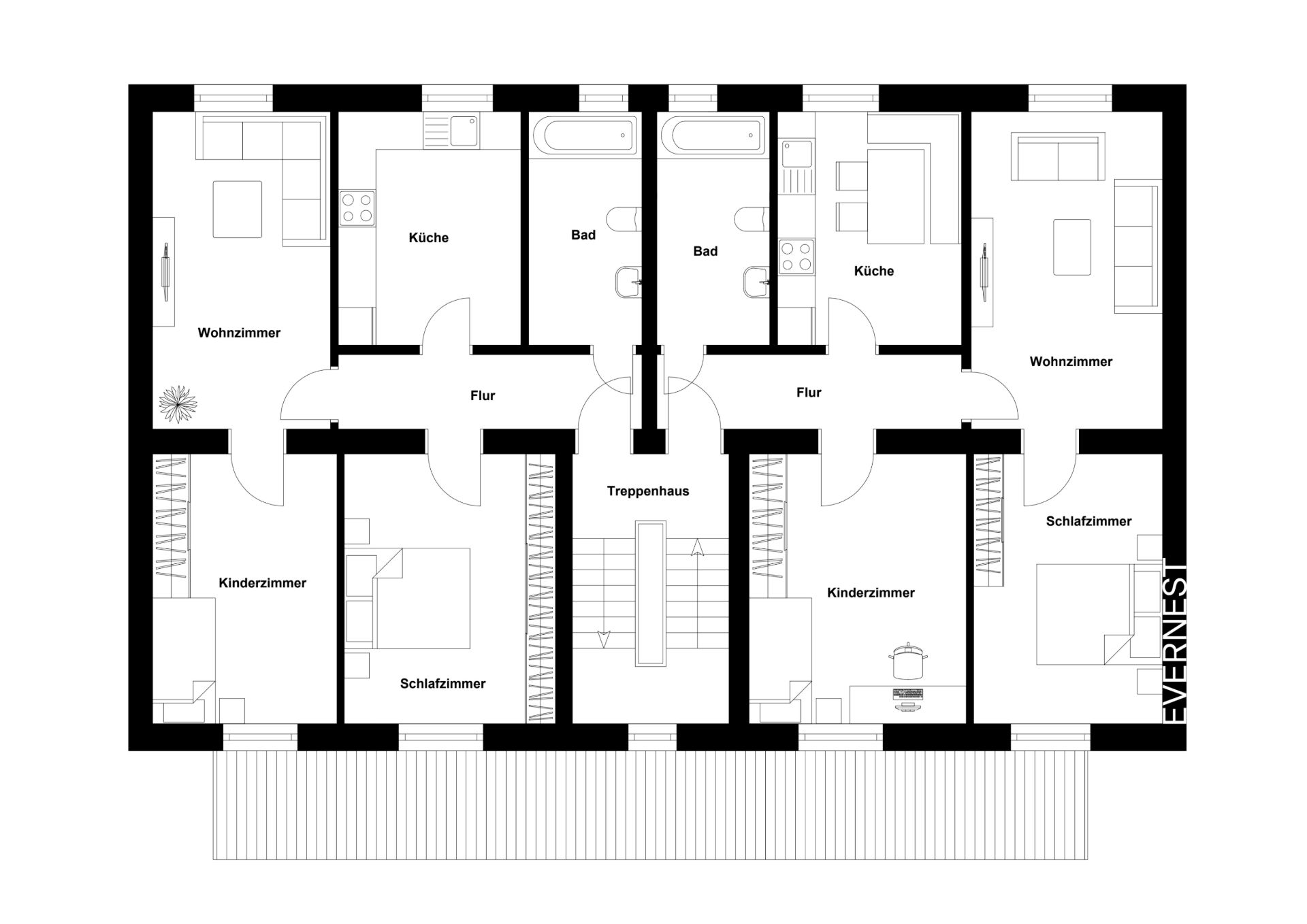 Grundriss einer Wohnung mit Wohnzimmer, Küche, Bad, Schlafzimmer und Kinderzimmer.