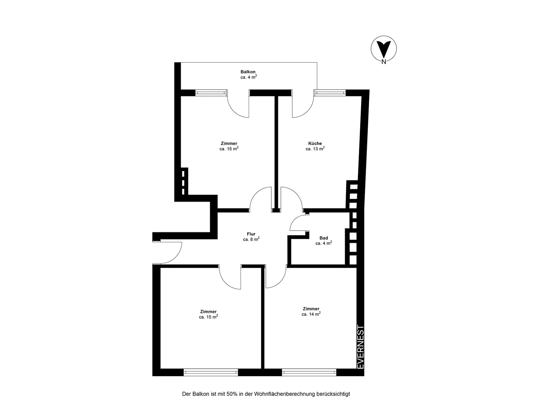 Grundriss einer Wohnung mit drei Zimmern, Küche, Bad, Flur und Balkon.