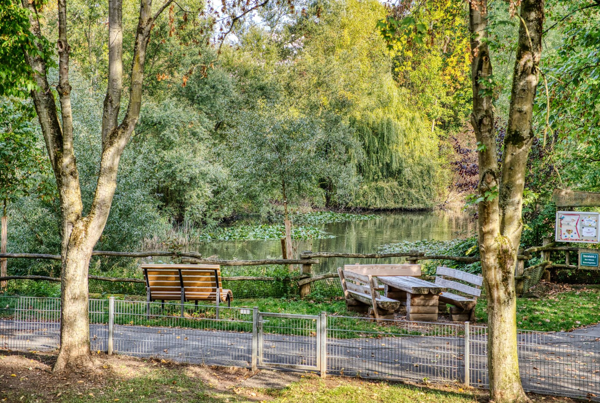 Holzbänke und Tisch an einem Teich mit Bäumen und viel Grün, Weg und Zaun im Vordergrund.