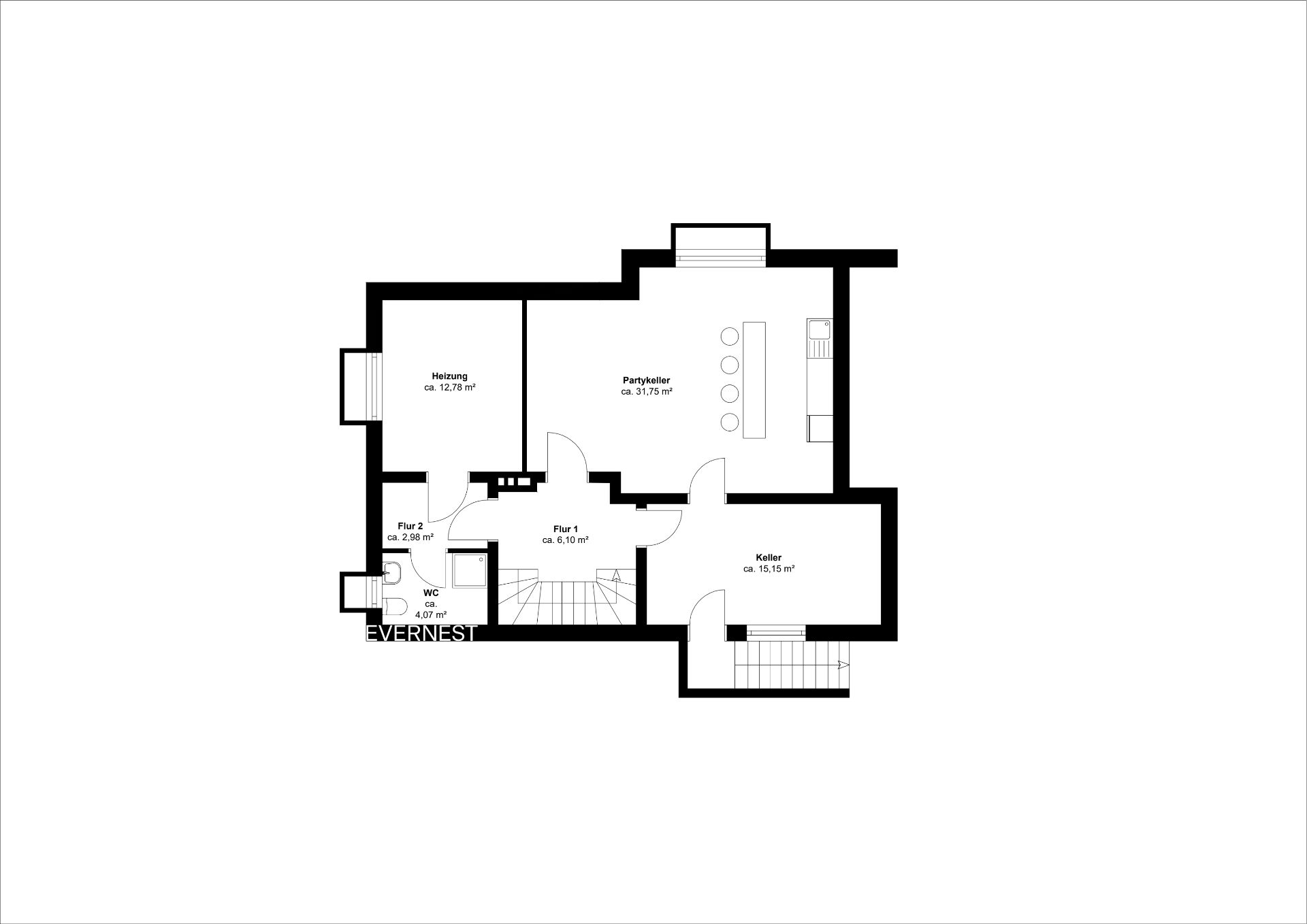 Grundriss eines Kellers mit Partyraum, zwei Kellerräumen, Heizung, WC und Flur.