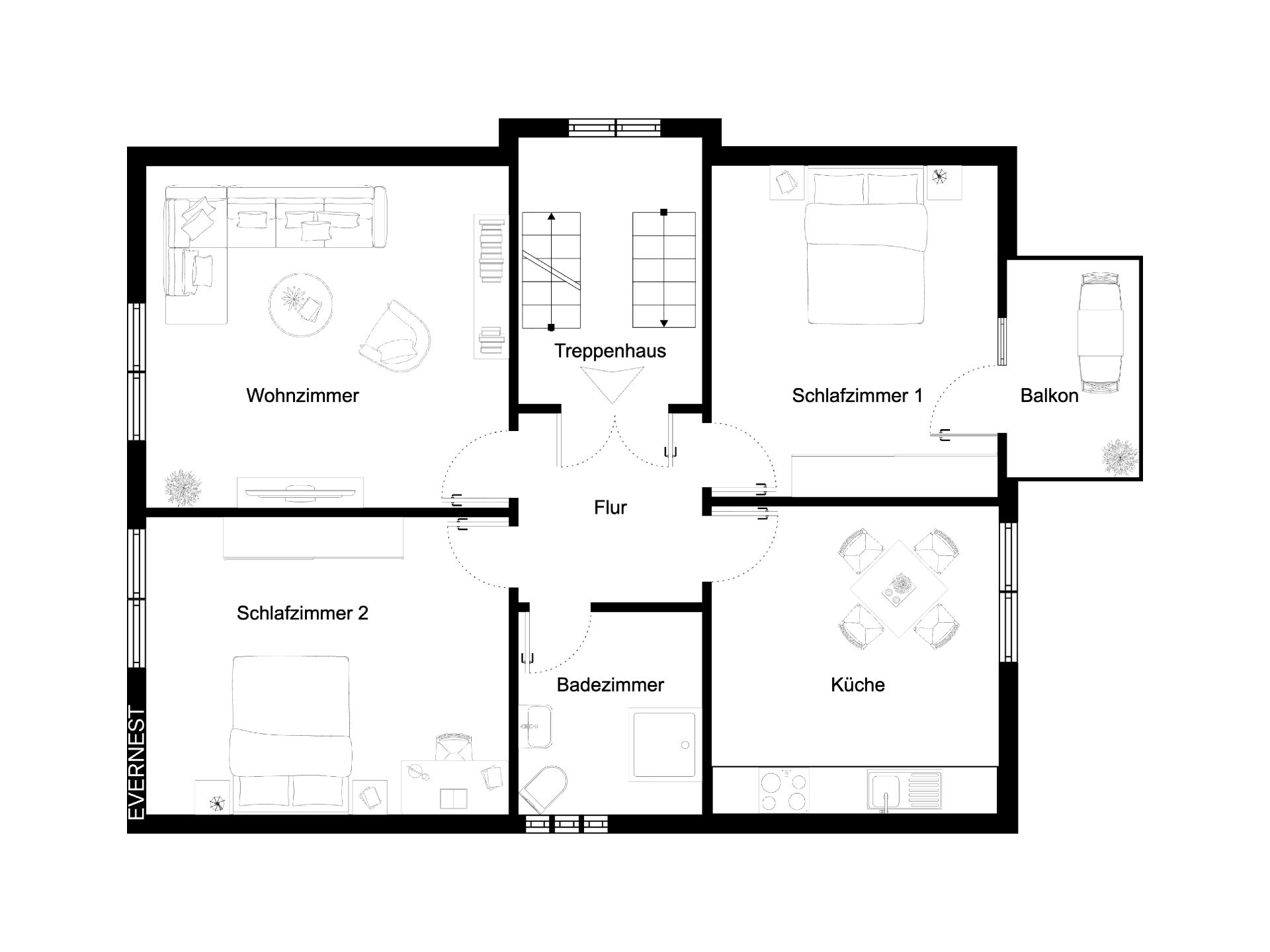 Grundriss einer Wohnung mit Wohnzimmer, zwei Schlafzimmern, Küche, Bad und Balkon.