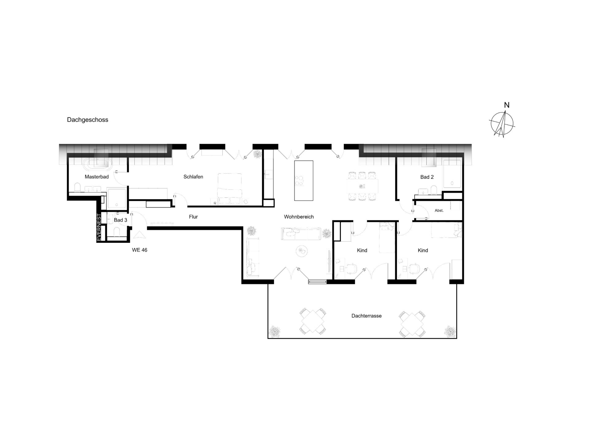 Grundriss einer Dachgeschosswohnung mit Schlafzimmern, Bädern, Wohnbereich und Dachterrasse.