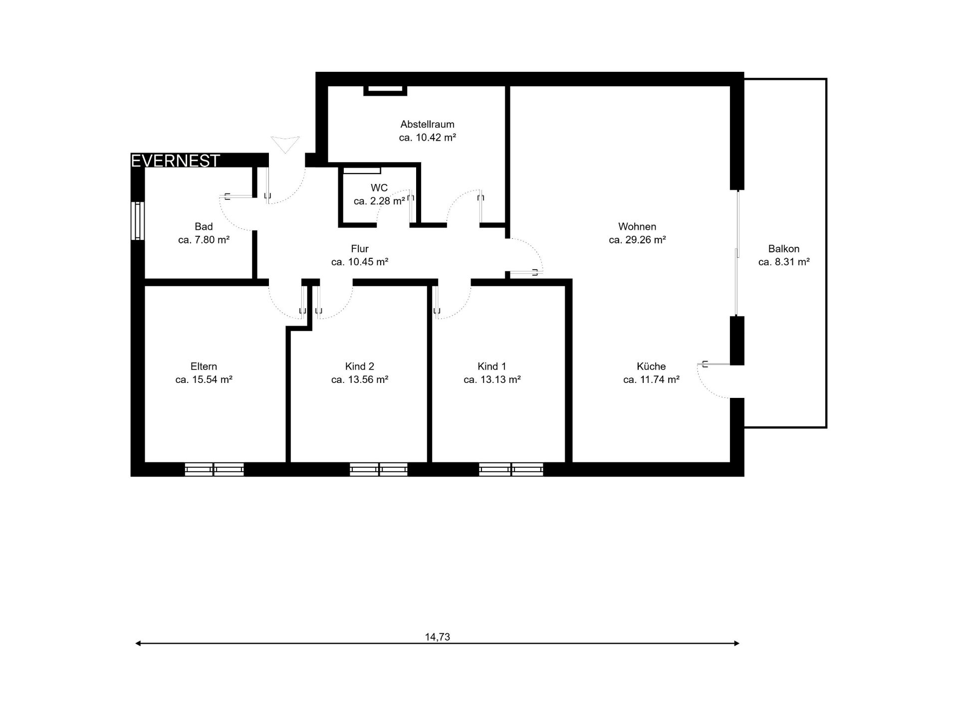 Grundriss einer Wohnung mit Wohn-, Schlafzimmern, Bad, Abstellraum, Küche, Flur, WC und Balkon.