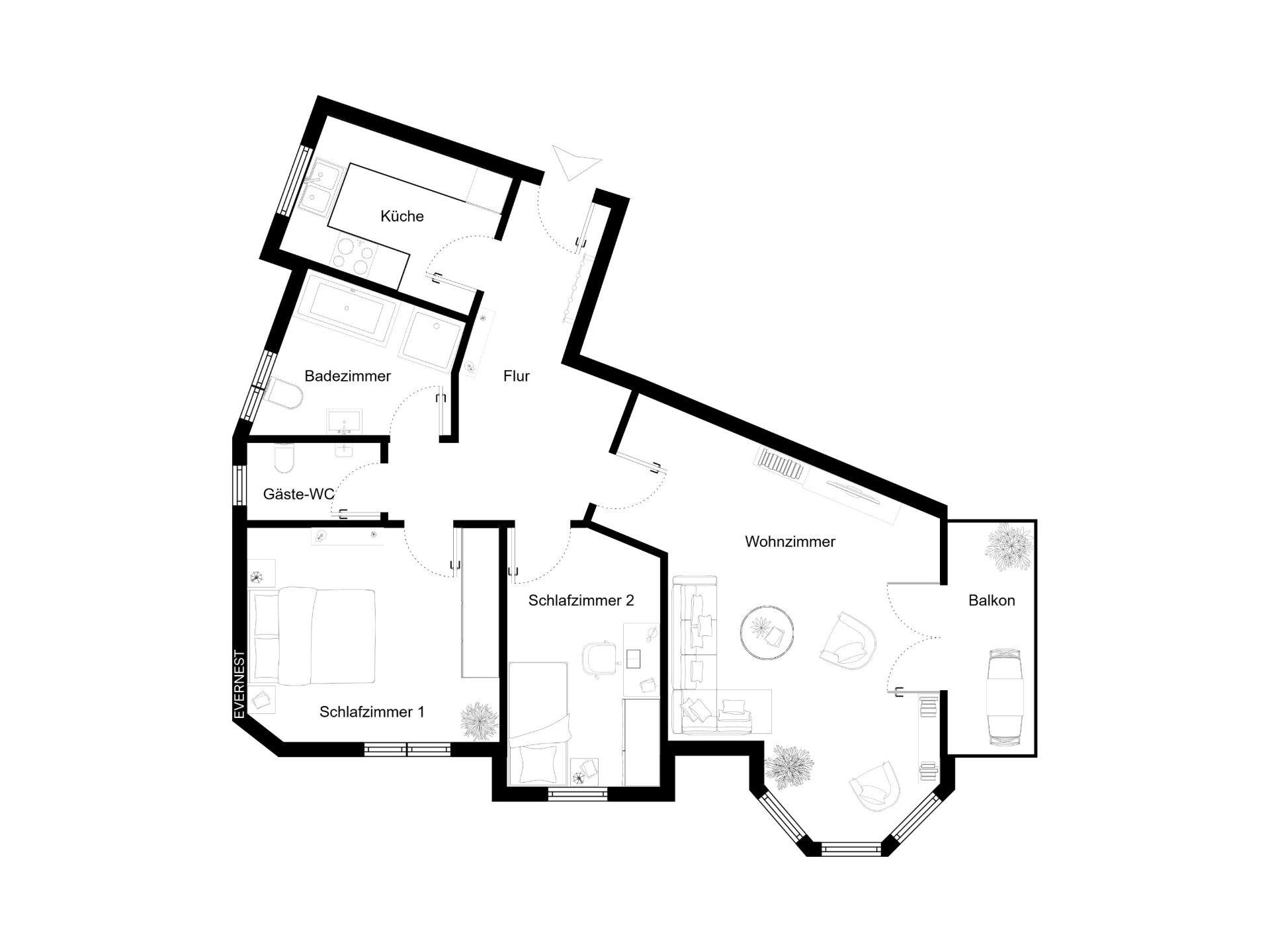 Grundriss einer Wohnung mit Wohnzimmer, zwei Schlafzimmern, Küche, Bad, Gäste-WC und Balkon.