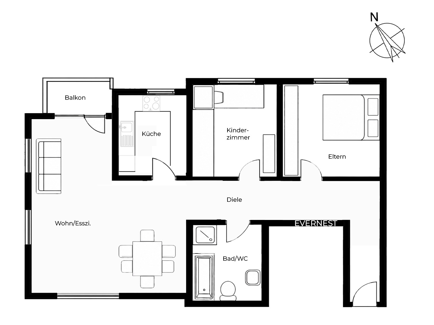 Grundriss einer Wohnung mit Wohnzimmer, Küche, Bad, Balkon, Schlafzimmer und Kinderzimmer.