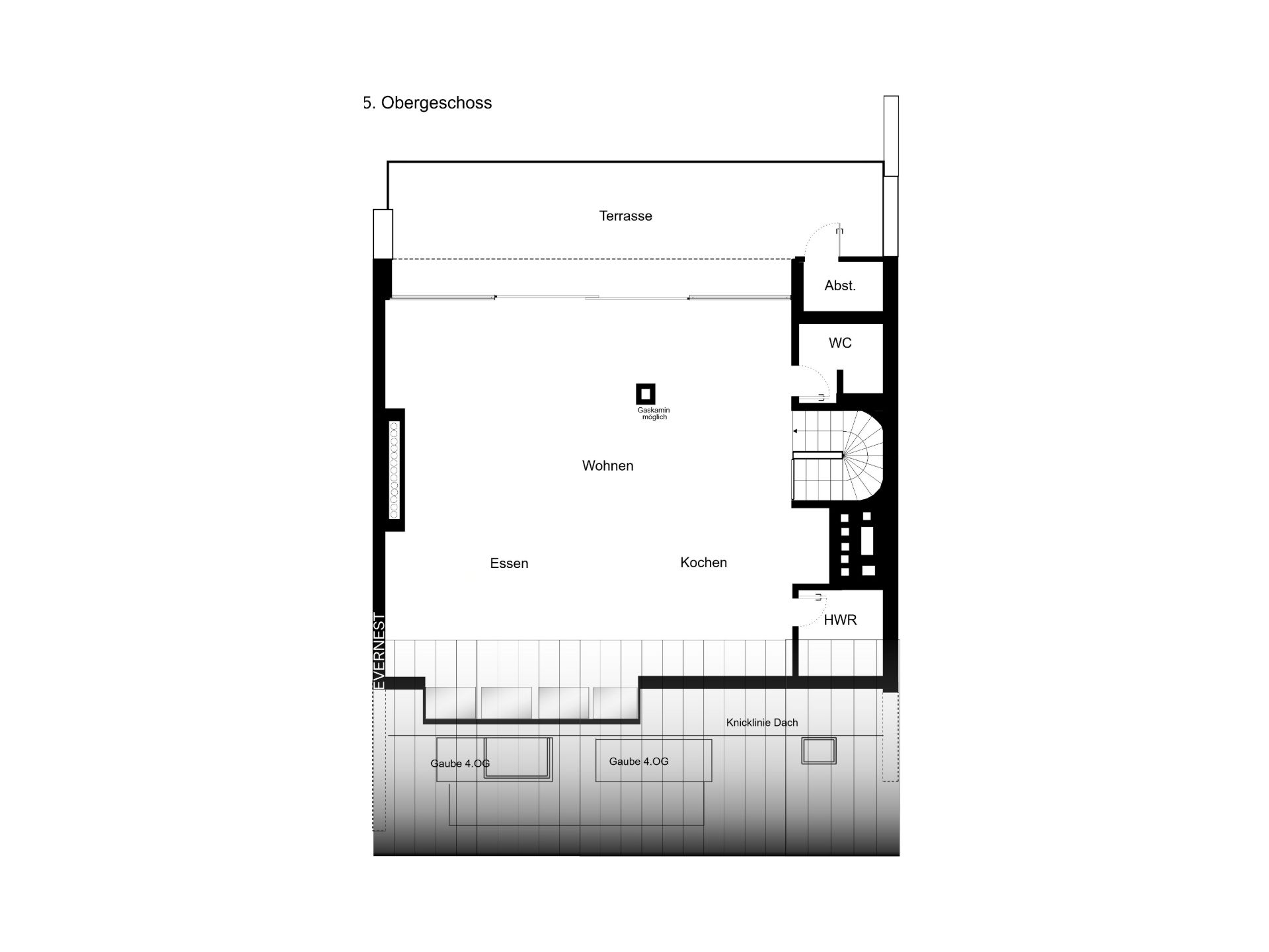 Grundriss einer Wohnung mit Terrasse, Wohn-, Ess-, Kochbereich und Nebenräumen.