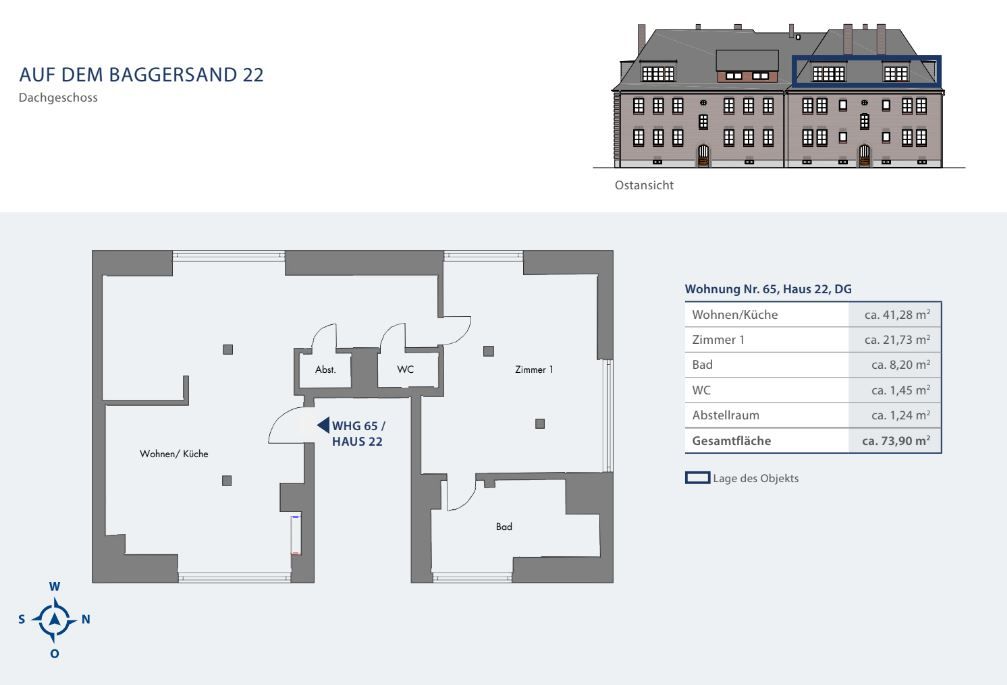 Grundriss einer Wohnung mit Wohnküche, Bad, WC, Abstellraum und einem Zimmer im Dachgeschoss.