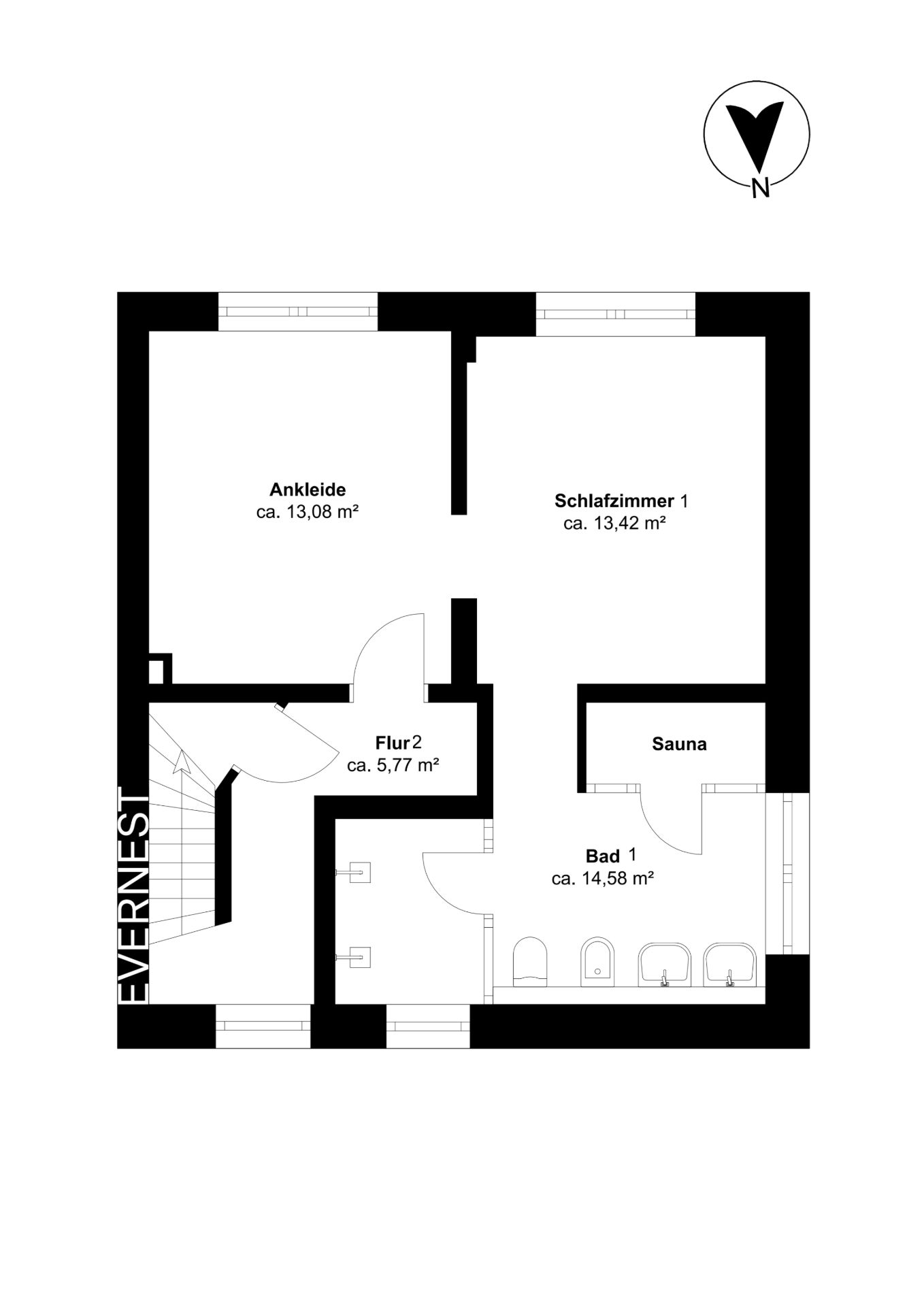 Grundriss mit Schlafzimmer, Ankleide, Flur, Bad und Sauna.