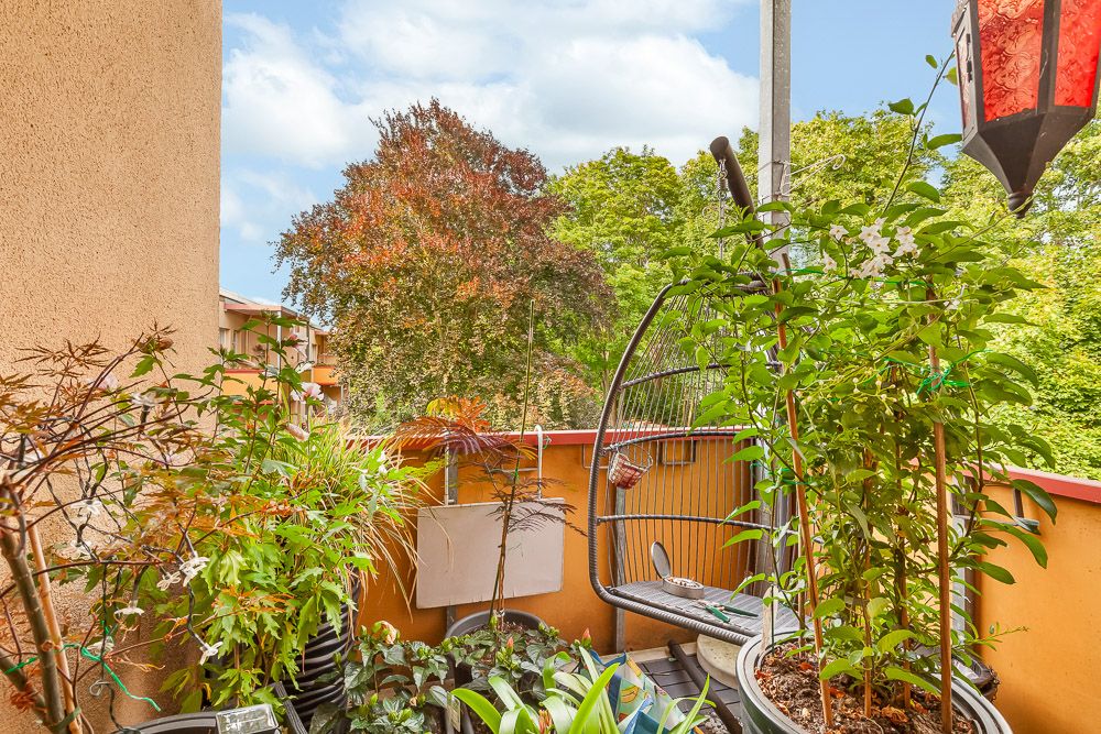 Ein kleiner Balkon mit vielen Topfpflanzen und einem Hängesessel, im Hintergrund Bäume und blauer Himmel.