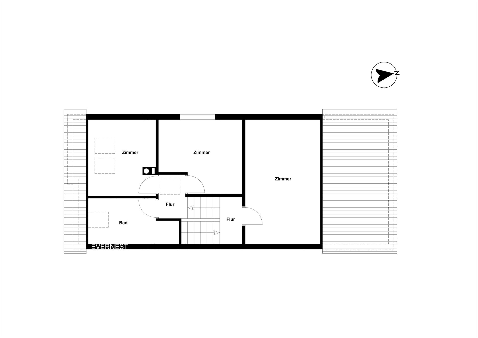 Grundriss mit drei Zimmern, einem Bad und Flur, Treppe und zwei Balkonen.