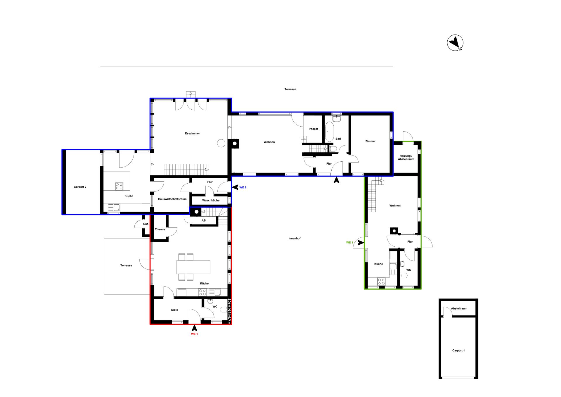 Grundriss eines Wohnhauses mit mehreren Zimmern, Küchen, Bädern, Terrassen und Carports.