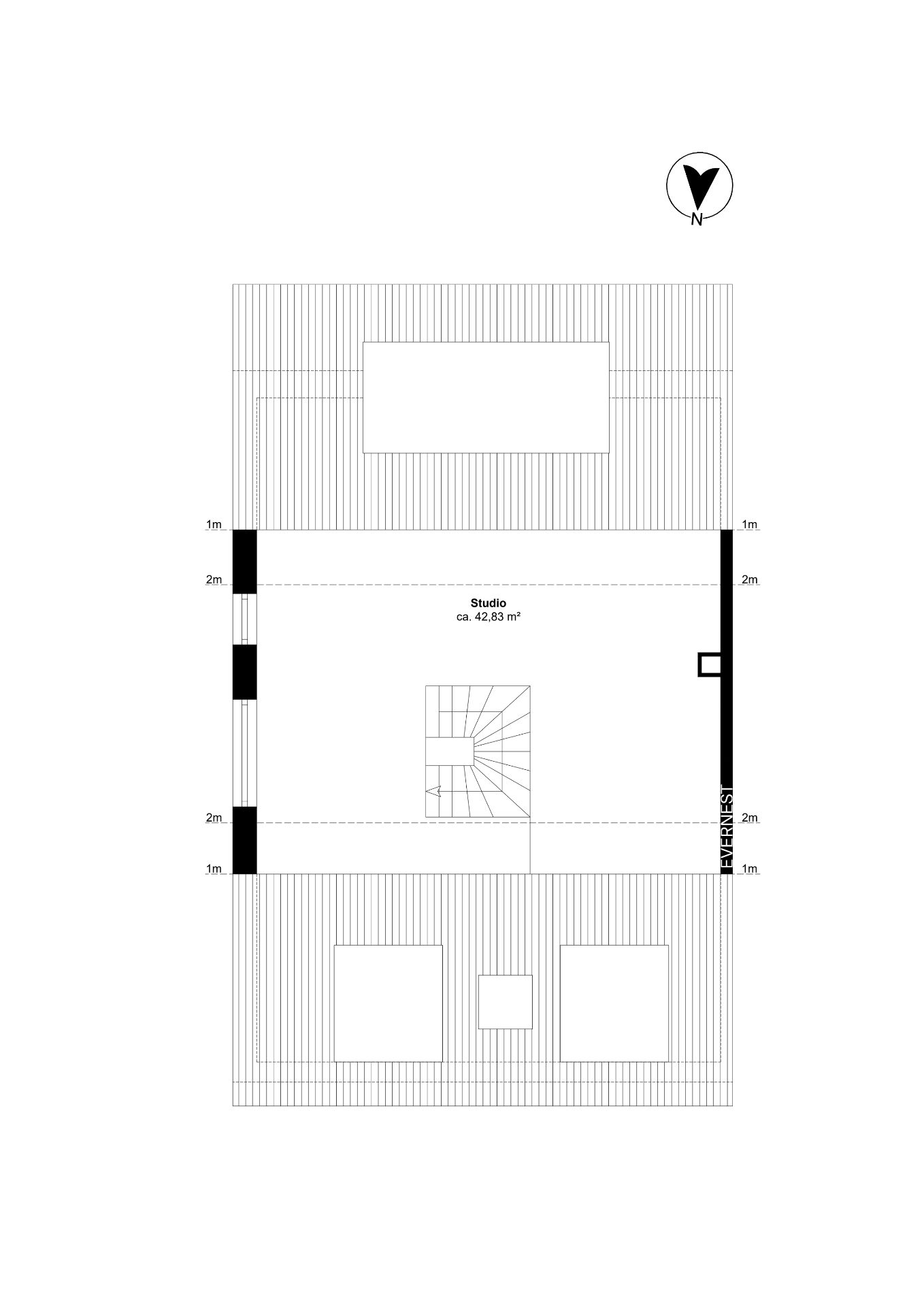 Grundriss eines Studios mit Treppe in der Mitte, Fläche ca. 42,83 m².