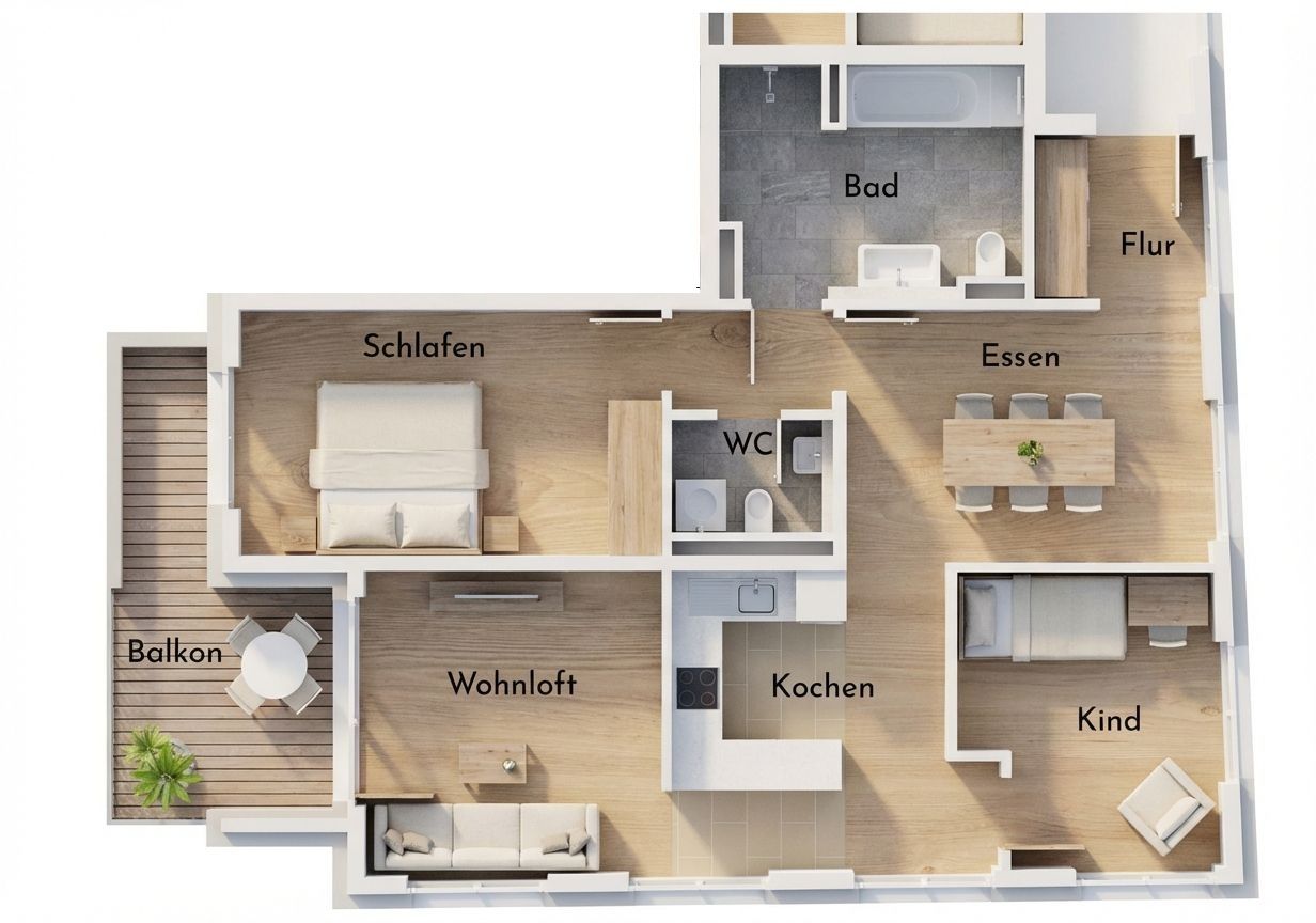 Grundriss einer Wohnung mit Schlafzimmer, Kinderzimmer, Bad, WC, Küche, Essbereich, Wohnloft und Balkon.