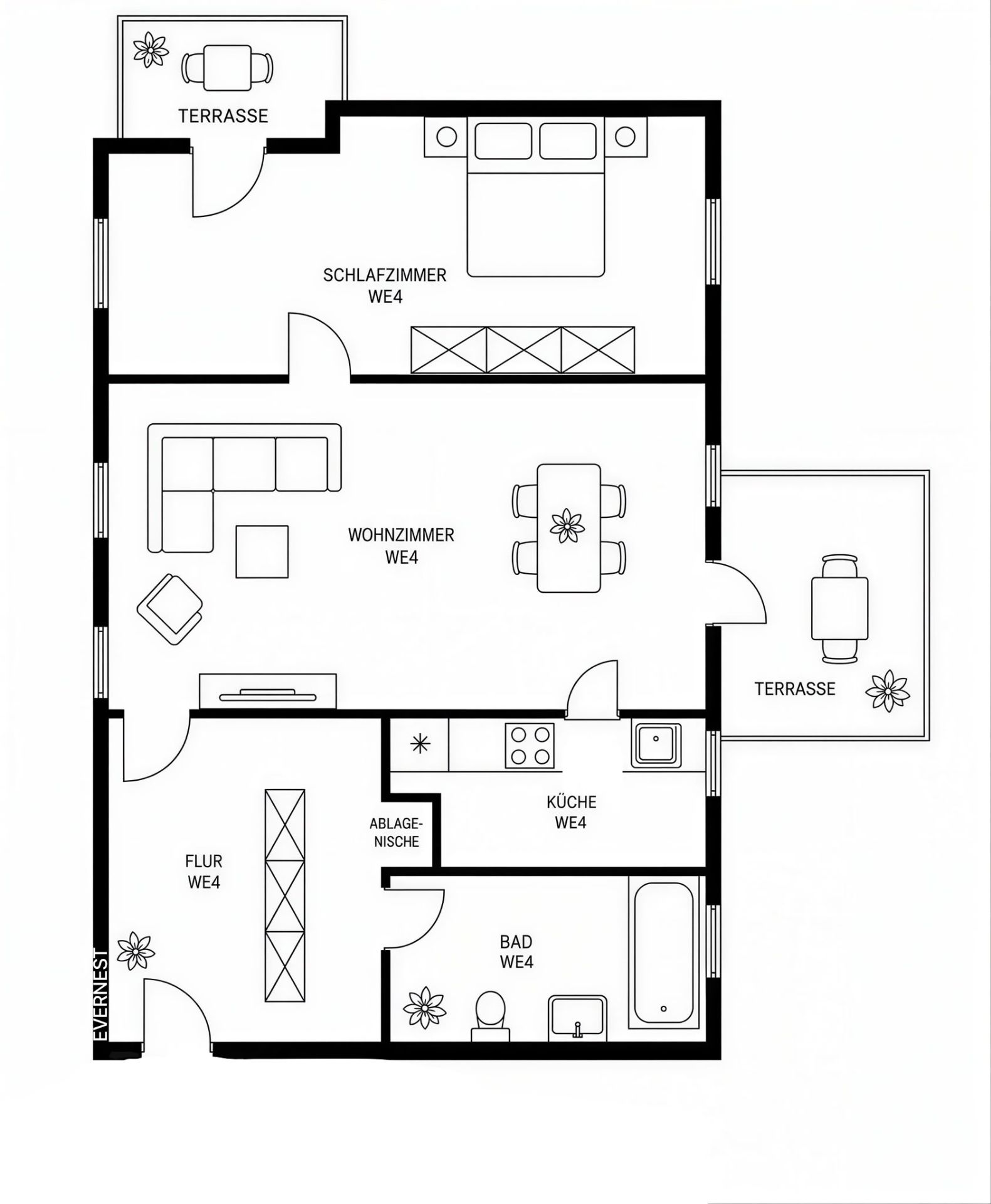 Grundriss einer Wohnung mit Schlafzimmer, Wohnzimmer, Küche, Bad, Flur und zwei Terrassen.