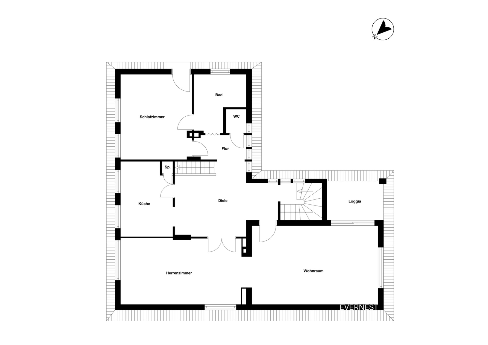 Grundriss eines Wohnhauses mit Schlafzimmer, Wohnzimmer, Küche, Bad, WC, Loggia und weiteren Räumen.