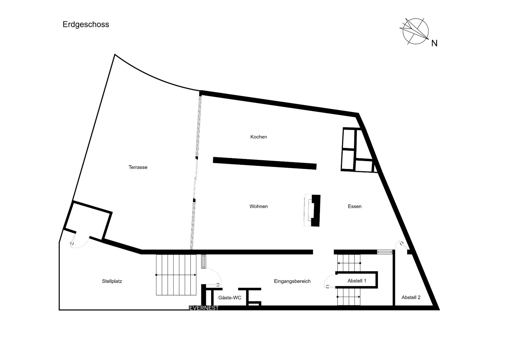Grundriss des Erdgeschosses mit Wohn-, Ess-, Kochbereich, Terrasse und Nebenräumen.